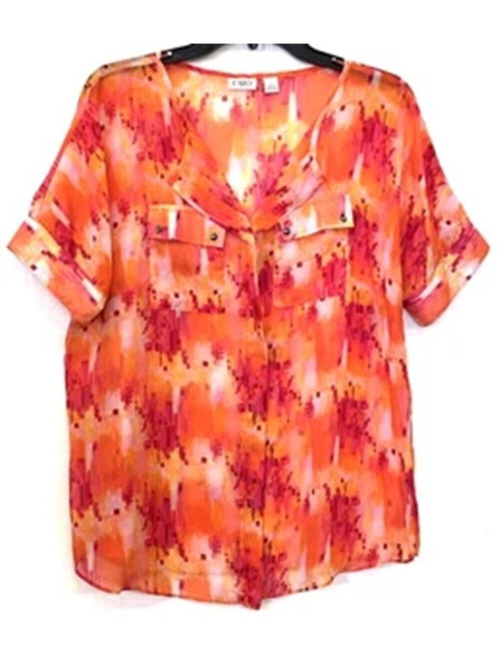 CATO Women's Orange Sheer Top  Large   Button Front Short Sleeves